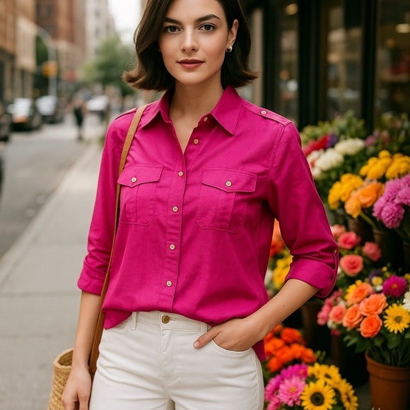 Tory Burch Tops - Tory Burch Brigitte Pink Purple Long Sleeve Roll Tab Button Up Blouse
